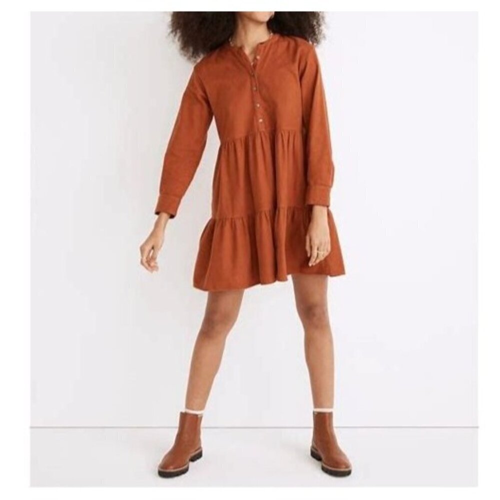 Madewell Dress Flannel Brown Rust Color Size MED Ladies Long Sleeve Tiered Dress